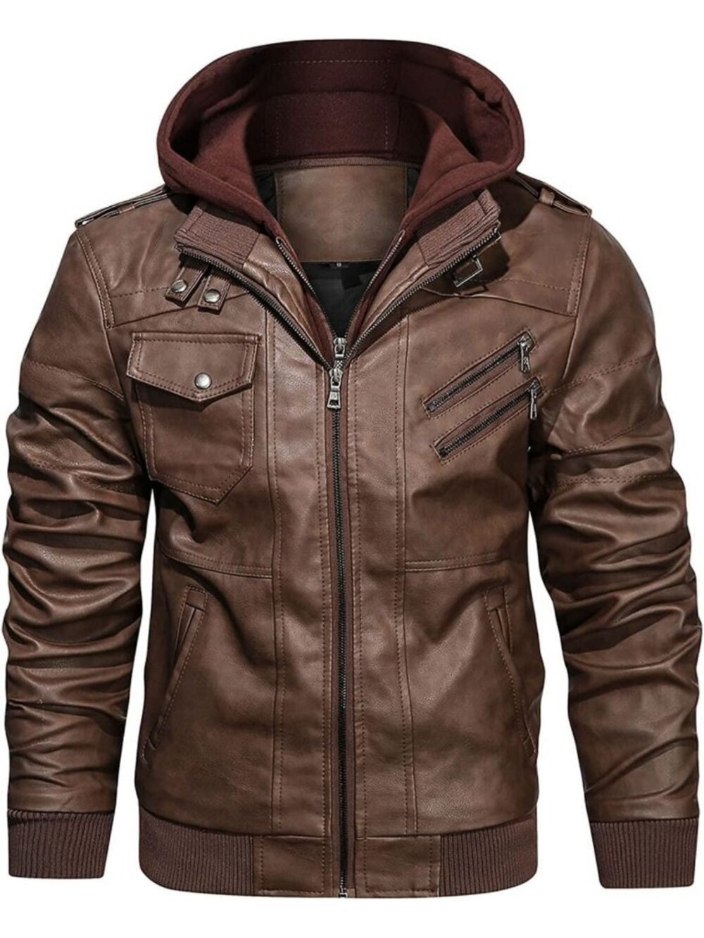 Men's Casual Faux Leather Zip-Up Motorcycle Bomber Jacket with Removable Hood